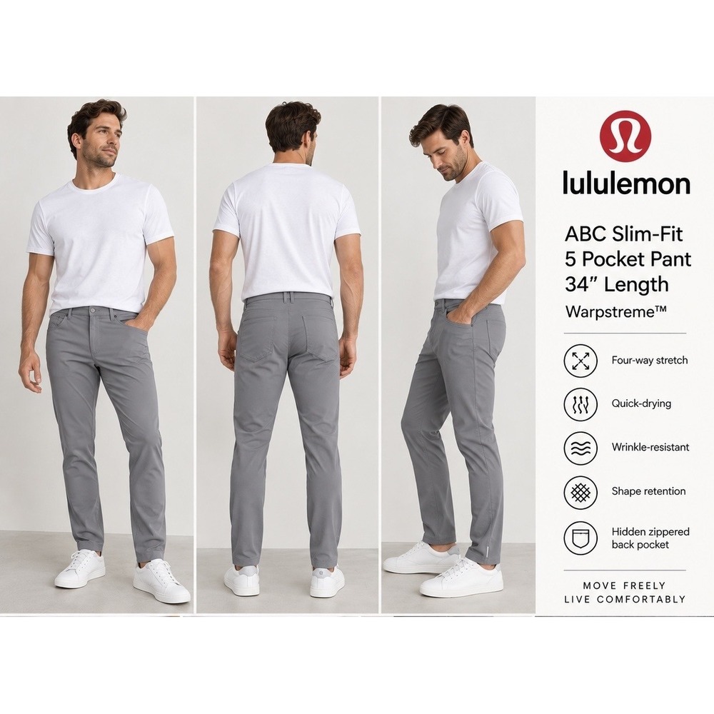 Lululemon ABC Slim Fit 5 Pocket Pants Mens 42x34 Gray Warpstreme Stretch Travel